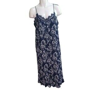 Moon River Dress Women's S Navy Floral Stretch Spaghetti Strap Lace Lined Midi